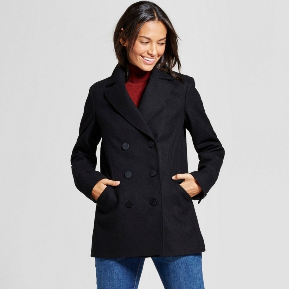 Wool Blend Modern Black Pea Coat * NWT * Sz S